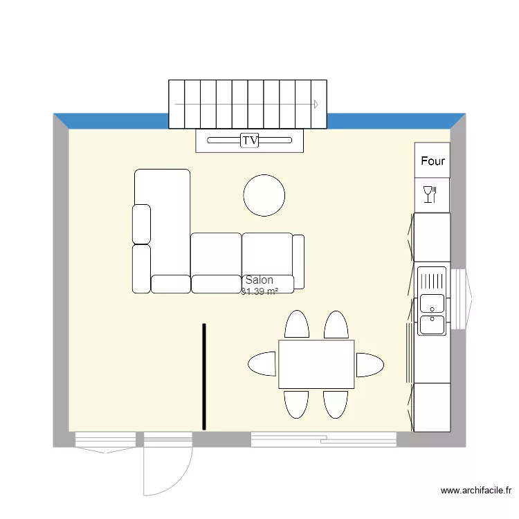 Salon et cuisine 30m2. Plan de 