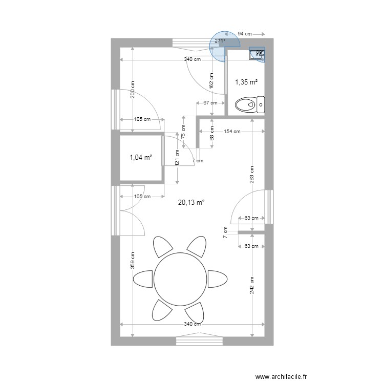 salle de pose. Plan de 3 pièces et 23 m2