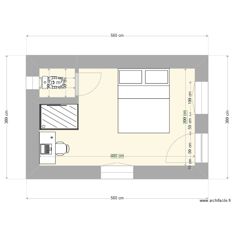 Cabane-studio. Plan de 2 pièces et 14 m2