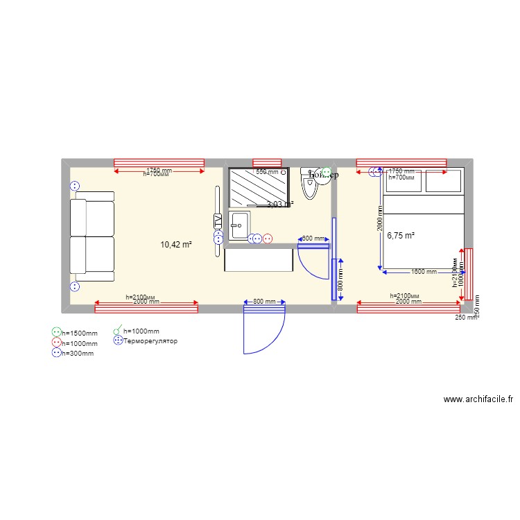  24v2. Plan de 3 pièces et 20 m2