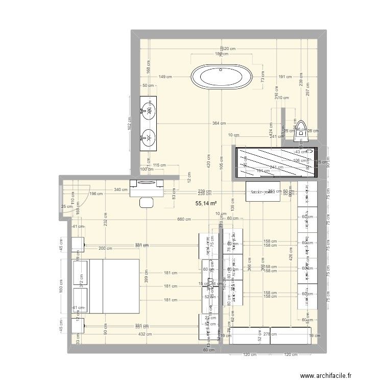 Chambre parentale lavoir. Plan de 1 pièce et 56 m2