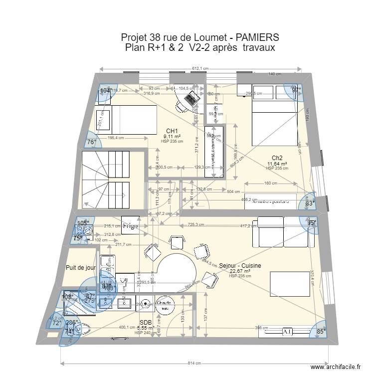 PAMIERS3 R+2 V2-2 après travaux. Plan de 7 pièces et 54 m2