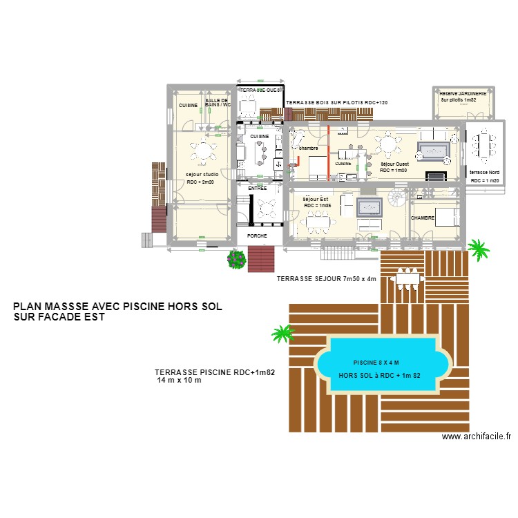 plan masse avec PISCINE HORS SOL FACADE EST. Plan de 4 pièces et 172 m2