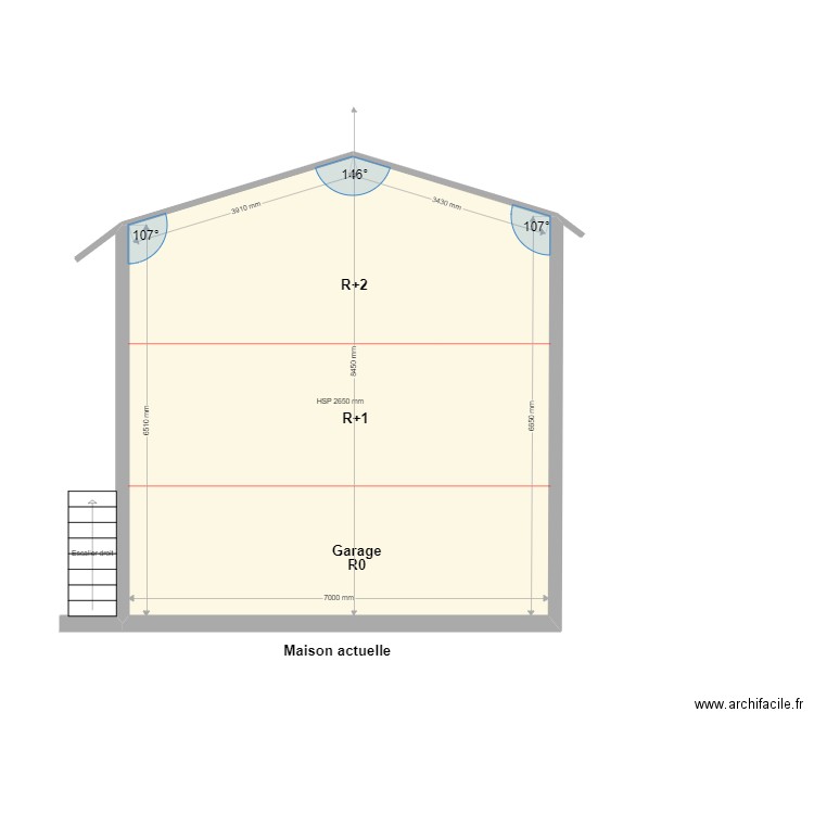 Plan de Coupe actuel. Plan de 1 pièce et 50 m2