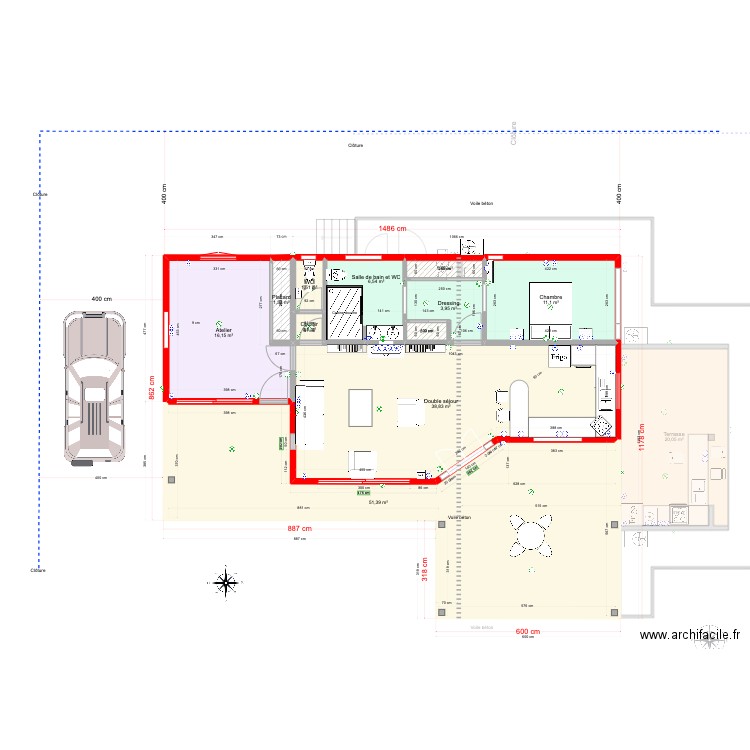 la Balinaise cuisine fermée. Plan de 20 pièces et 218 m2