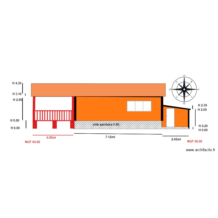 Facade OUEST                  chalet 53. Plan de 2 pièces et 10 m2