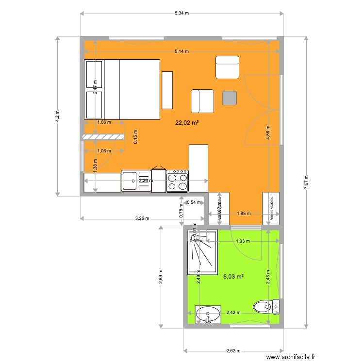 studio Caro. Plan de 2 pièces et 28 m2