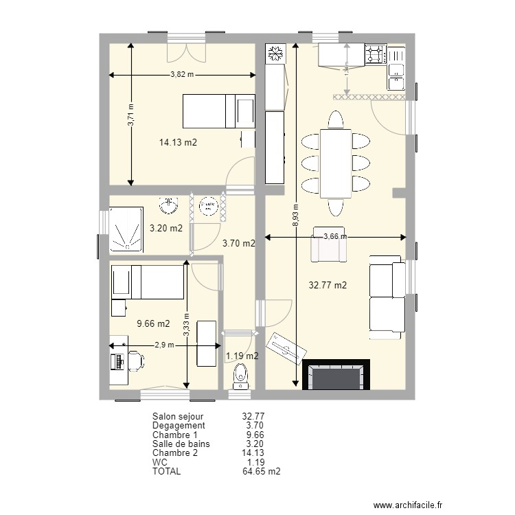 ineterieur 89. Plan de 6 pièces et 65 m2