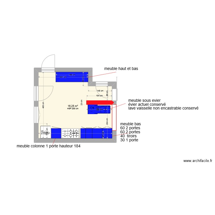 cuisine. Plan de 1 pièce et 16 m2