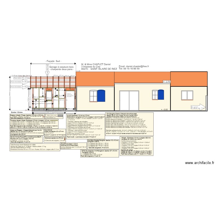 Façade Sud avec 5 pannes. Plan de 4 pièces et 42 m2