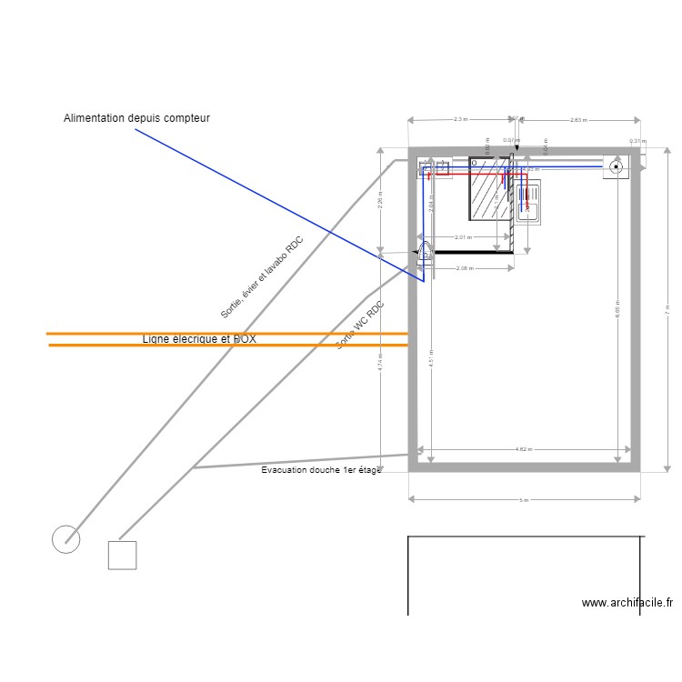 Plomberie Réseaux. Plan de 1 pièce et 30 m2