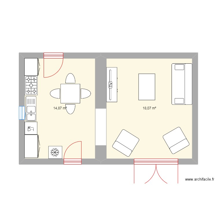 exterieure. Plan de 2 pièces et 33 m2