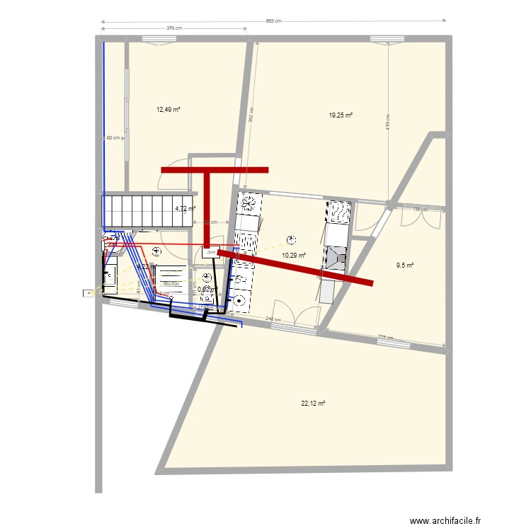 boetie haut plomberie. Plan de 8 pièces et 84 m2