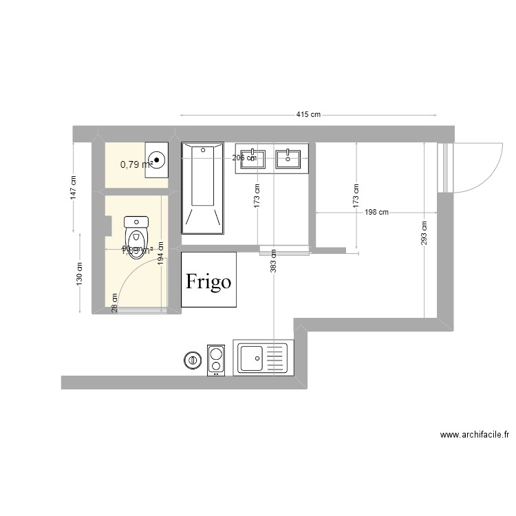 A 65. Plan de 2 pièces et 3 m2