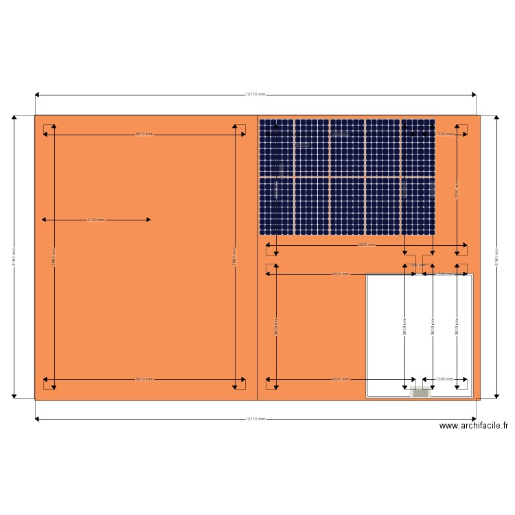 toiture trop modif + panneaux photo vue dessus. Plan de 4 pièces et 86 m2