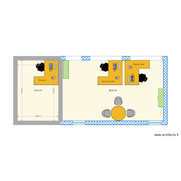 Bureau de travaux actuel . Plan de 2 pièces et 36 m2