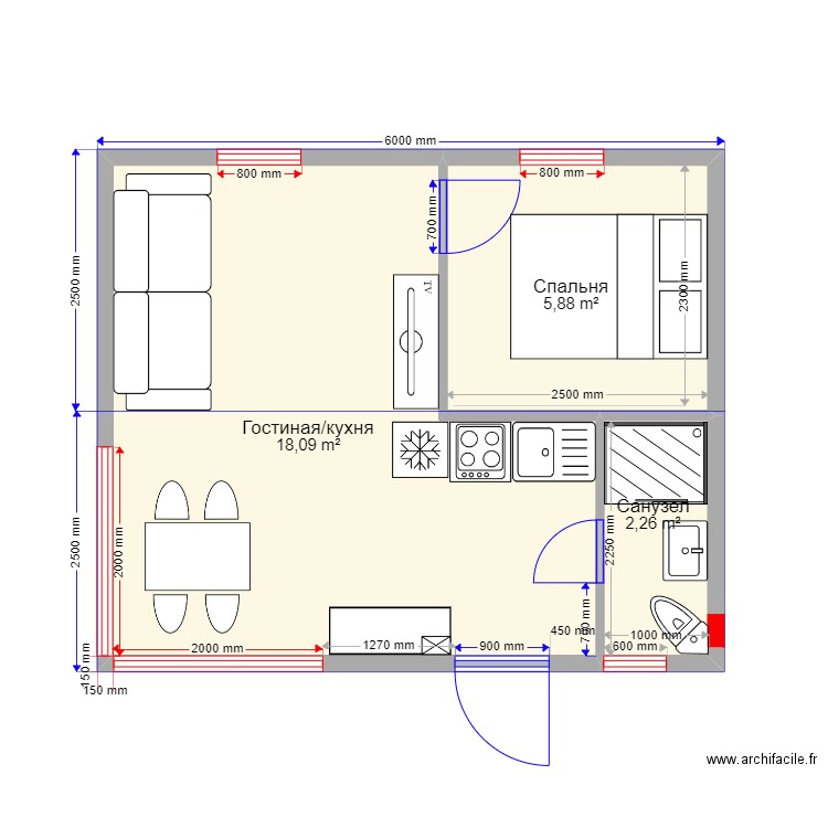 30 6 111. Plan de 3 pièces et 26 m2