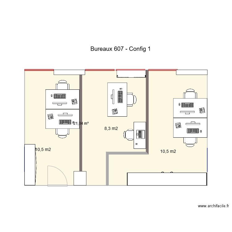 Bureaux 607 Config3. Plan de 2 pièces et 34 m2