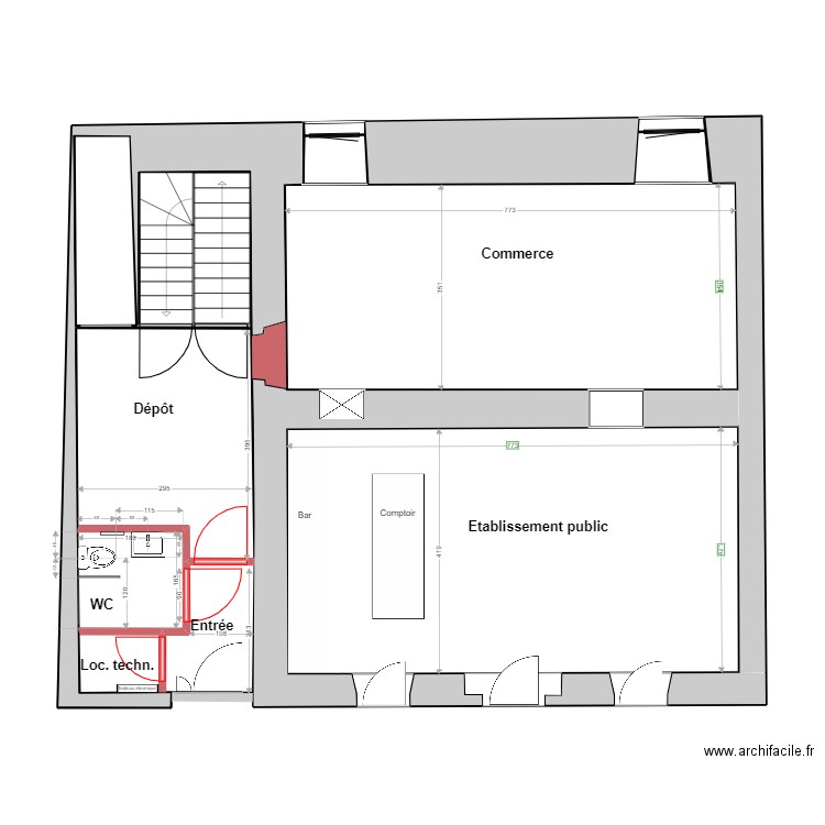 REZ 1/50 WC face. Plan de 11 pièces et 84 m2