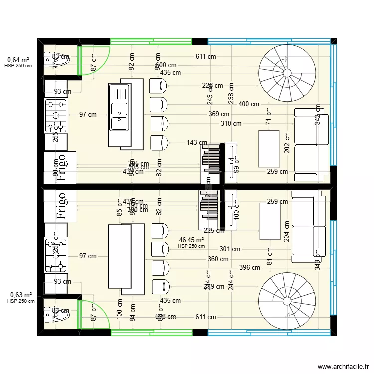 Loft avec 02 chambres sur R+1. Plan de 14  et 168 m²