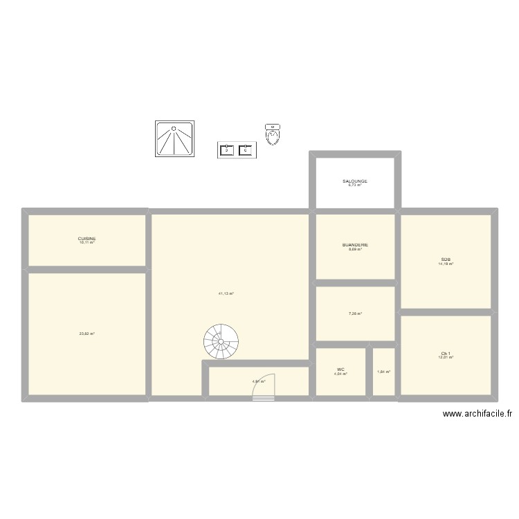 Pau toit plat. Plan de 3 pièces et 67 m2