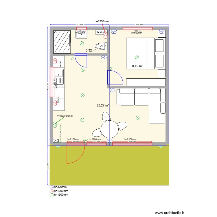 О2Б К эл. Plan de 4 pièces et 42 m2