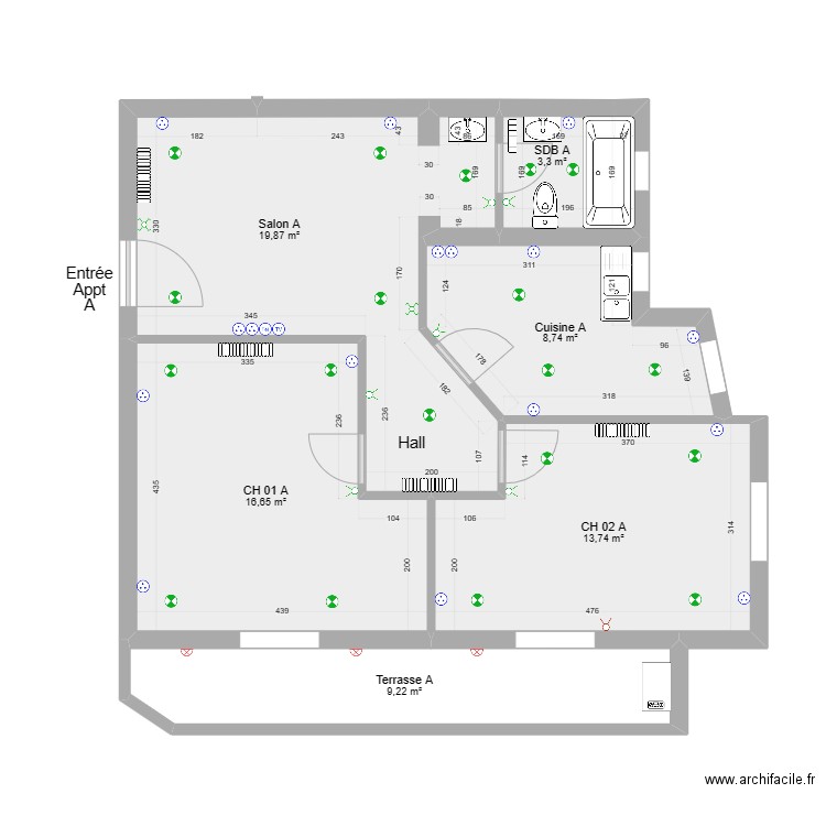 Projet Ghazela Appt A ELEC. Plan de 6 pièces et 72 m2