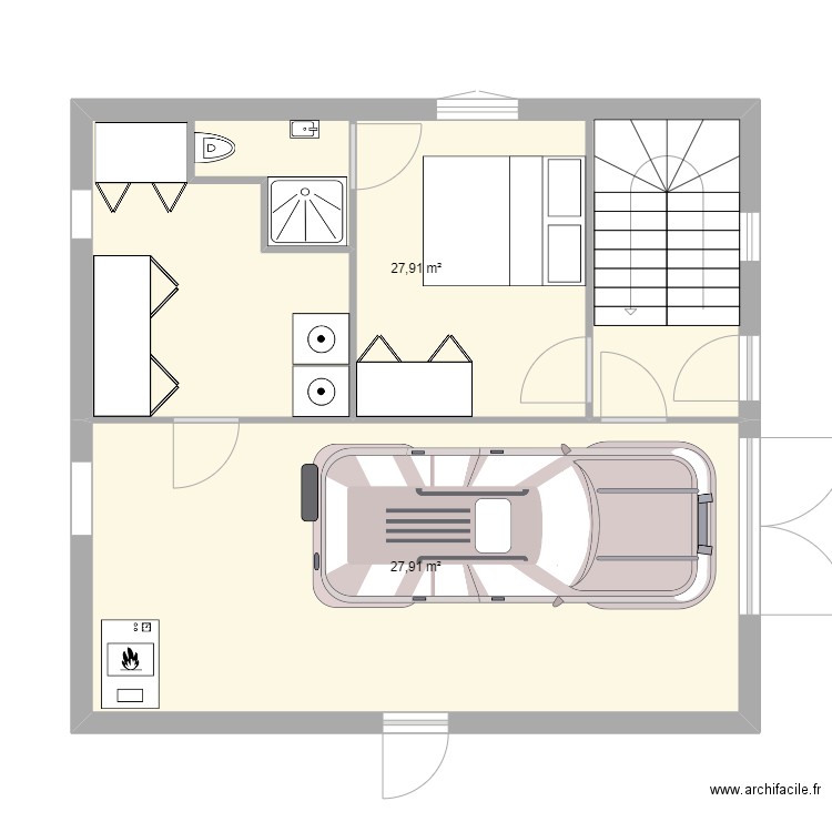 2022 11 25 salle de bain du garage V01. Plan de 2 pièces et 56 m2