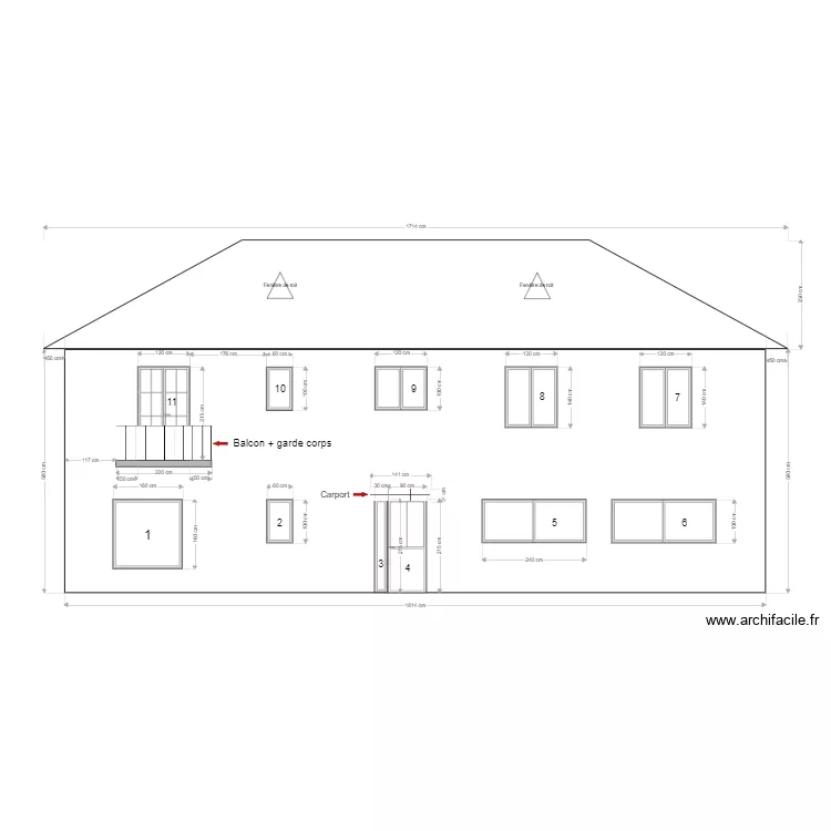 Pouanc&eacute; - Fa&ccedil;ade Nord - Projet. Plan de 