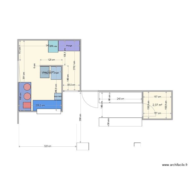 cuisine bar tizef. Plan de 2 pièces et 14 m2