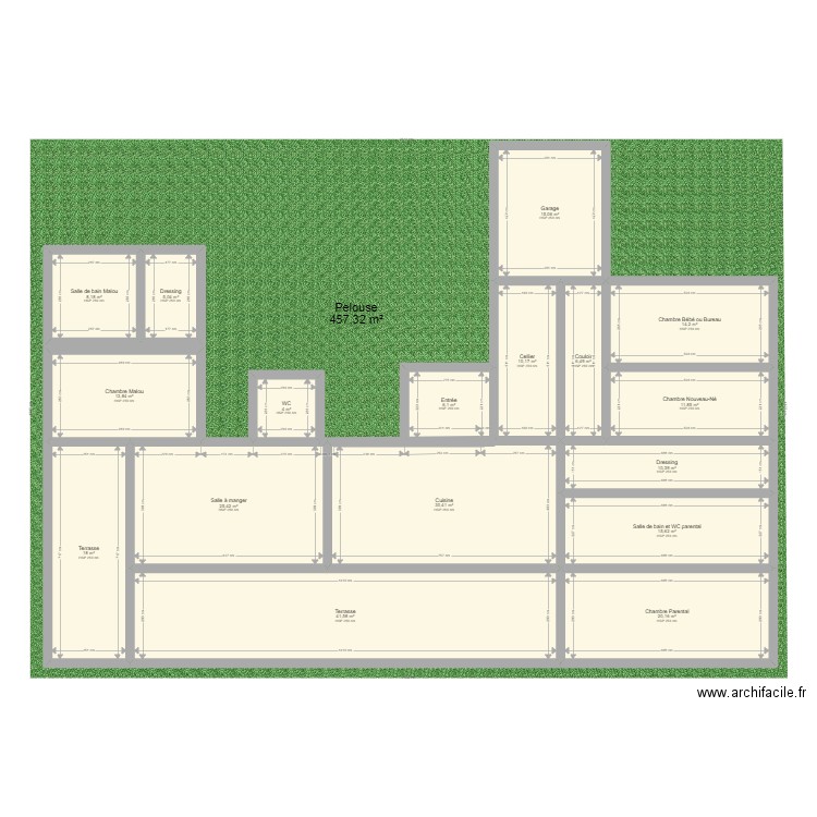 Villa familliale. Plan de 17 pièces et 256 m2