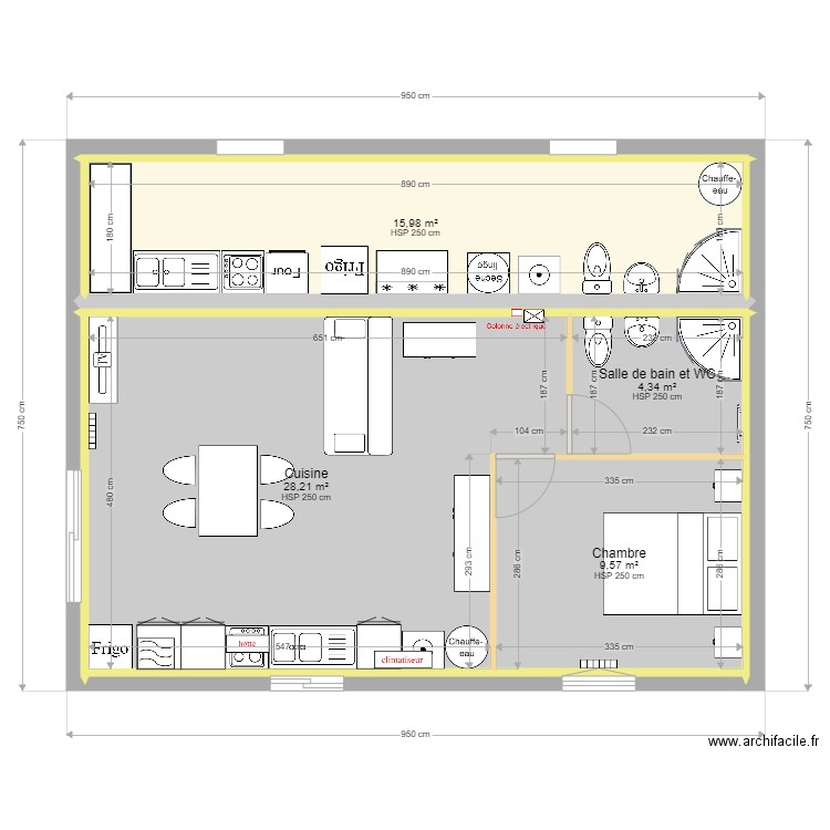 RdC murs et pièces meublées. Plan de 4 pièces et 58 m2