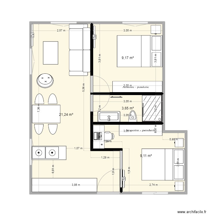 momo. Plan de 4 pièces et 43 m2