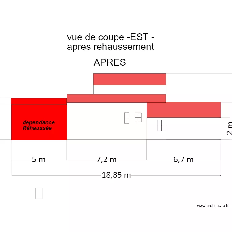 plan de coupe -est- dependance r&eacute;hauss&eacute;e avec cotes. Plan de 
