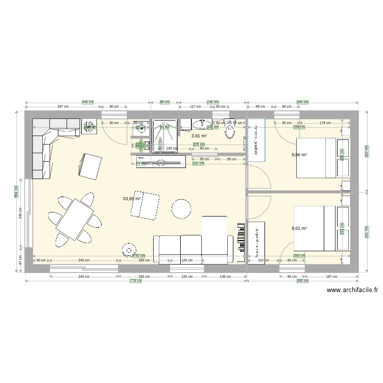 cactus 60m2. Plan de 4 pièces et 56 m2