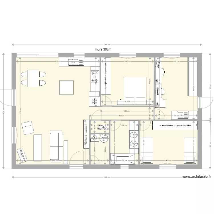 100 M2 ouvertures de bases et meubles. Plan de 