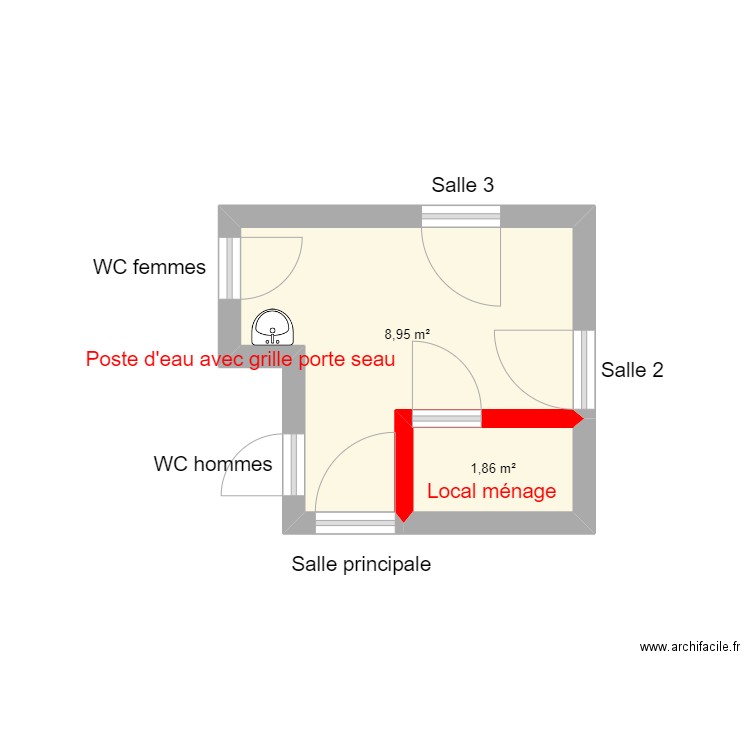 Salle polyvalente locaux de ménage. Plan de 2 pièces et 11 m2