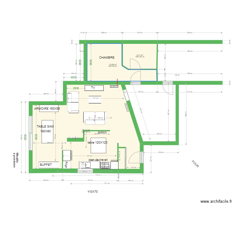 Extension cuisine. Plan de 3 pièces et 64 m2