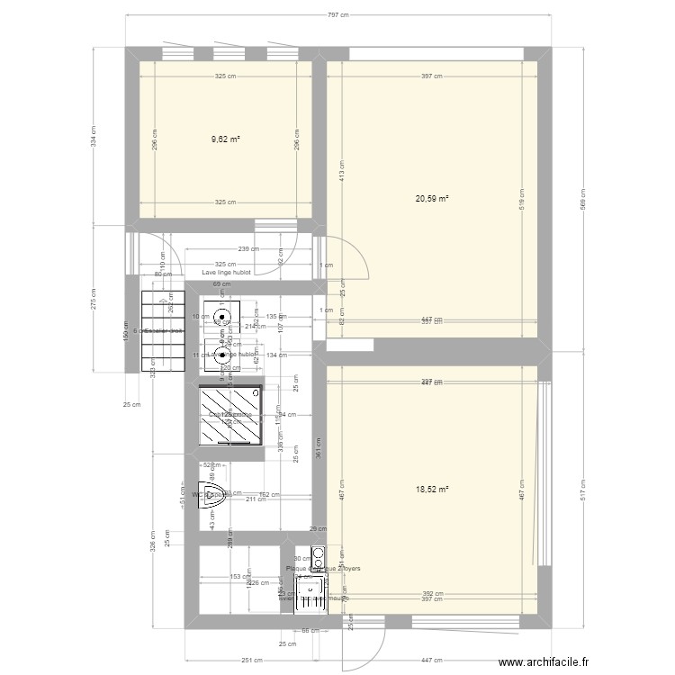 GARAGE STUDIO. Plan de 3 pièces et 49 m2