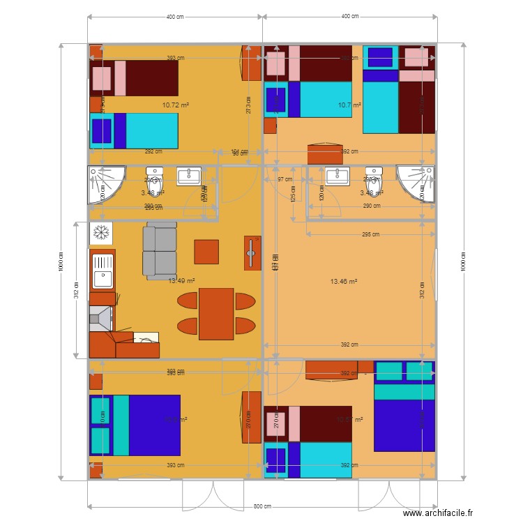 AMENAGEMENT MODELE FAMAL T3 EN 2 X T2. Plan de 0 pièce et 0 m2