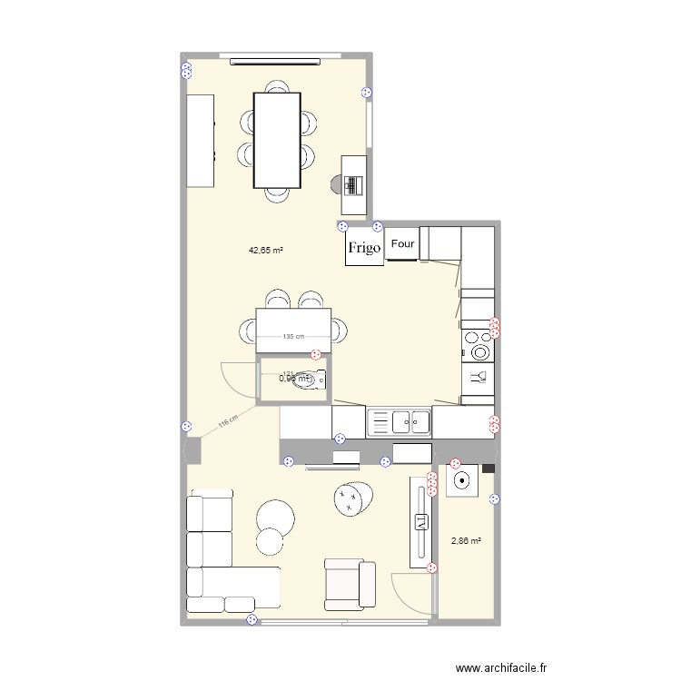 RDC toilettes 1. Plan de 3 pièces et 48 m2