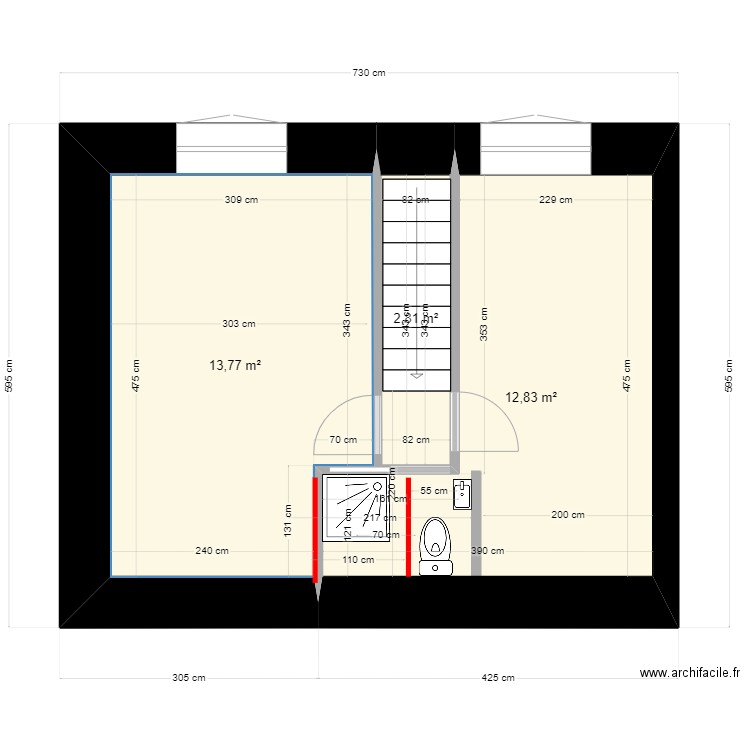 lesco étage nouveau douche poutre. Plan de 3 pièces et 29 m2