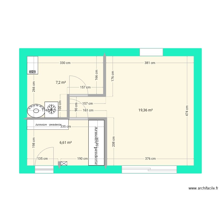 garage rdc. Plan de 2 pièces et 35 m2