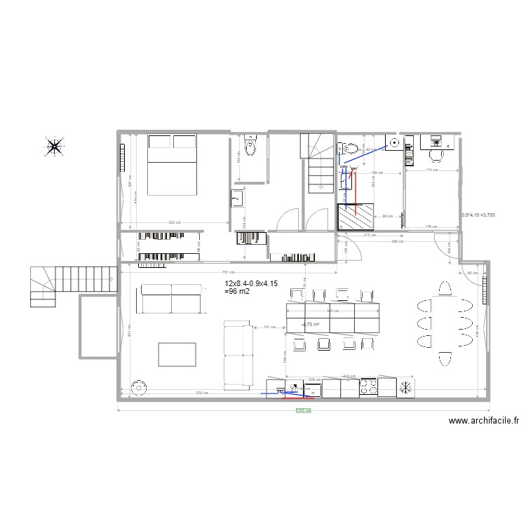 APRES rdc maison Thomery sdd côté buro. Plan de 1 pièce et 56 m2