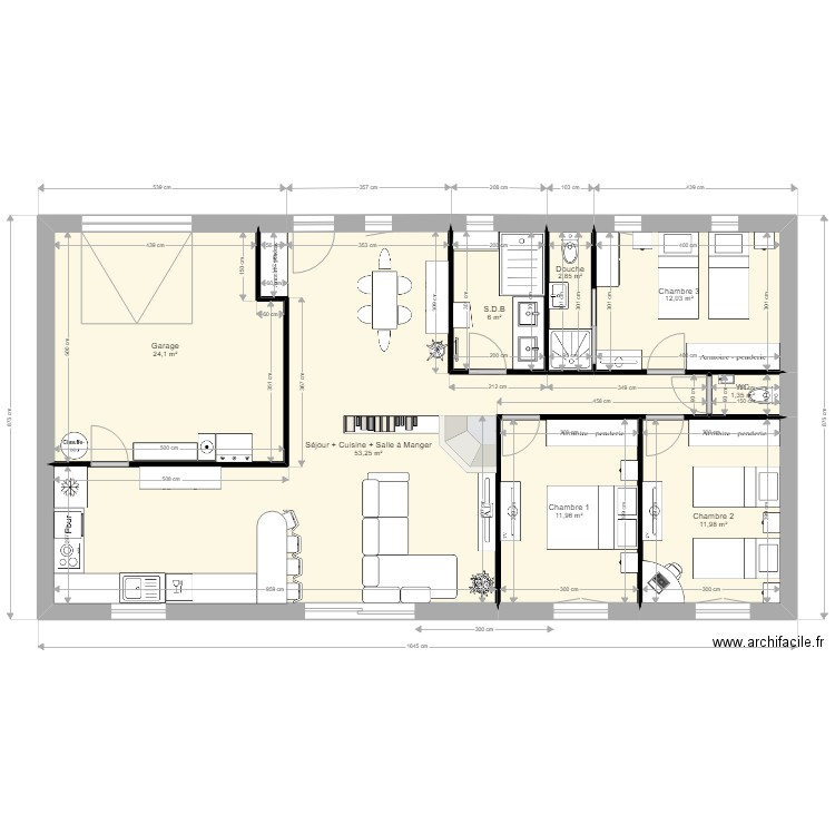 Maison T4 plein pied. Plan de 8 pièces et 124 m2