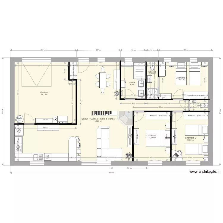 Maison T4 plein pied. Plan de 