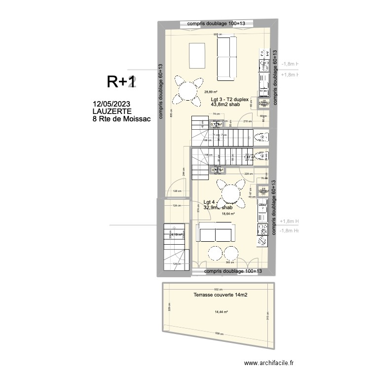 2023 05 12 LAUZERTE - DIVISION 4 LOTS Avec mobilier. Plan de 29 pièces et 189 m2
