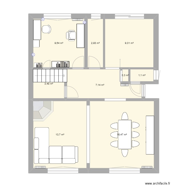 Maison Ormesson. Plan de 9 pièces et 64 m2