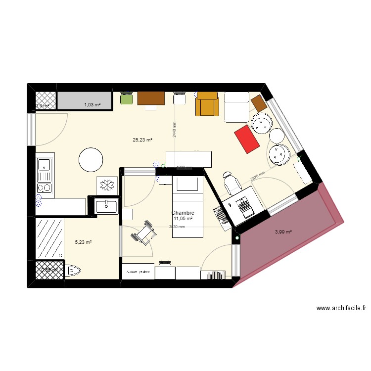 Appartement GIRANDIERE Meubles - OPTION 2. Plan de 7 pièces et 47 m2