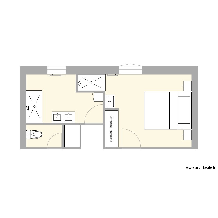 Chambre 12 m2 LM SDB. Plan de 3 pièces et 20 m2